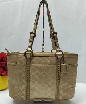 Coach Signature Light Tan Canvas Leather Trim Studded Doubled Handles Tote Bag